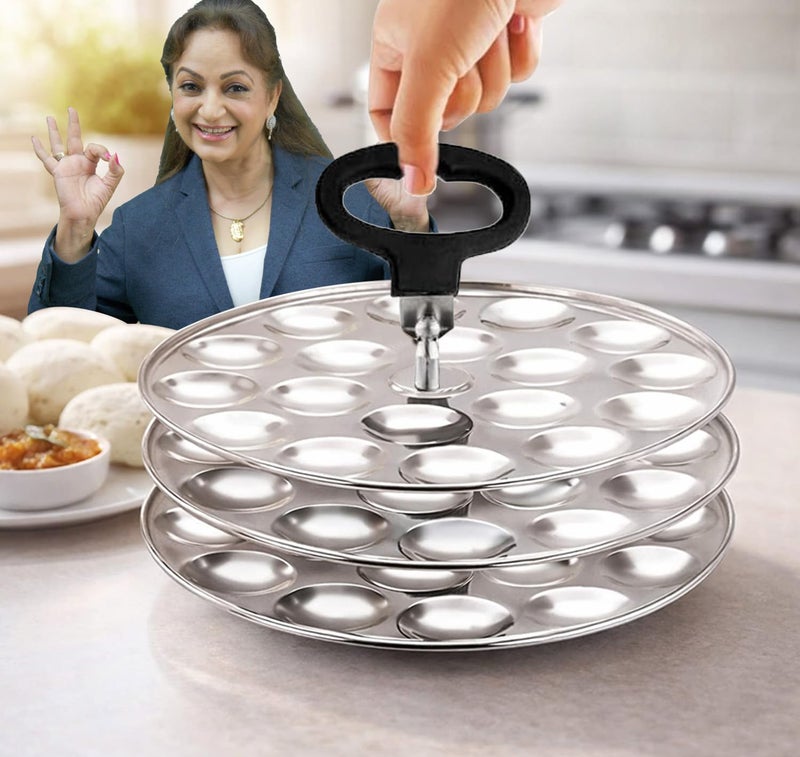 AADHIK 5-Star Stainless Steel Mini Idli Plates Set of 3 | Mini Idli Maker Stand with 54 Idli Cavities | Polished Idli Stand with Center Rod & Handle for Idli Cooker Steamer | Traditional South Indian Cookware - Image 2