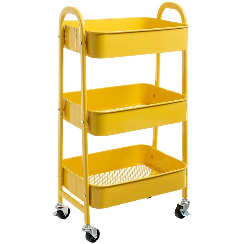 DOEWORKS 3 Tier Storage Trolley on Wheels Rolling Kitchen Trolley Craft Trolleys Beauty Trolleys Metal Storage Utility Cart for Books Room Bathroom Office Yellow