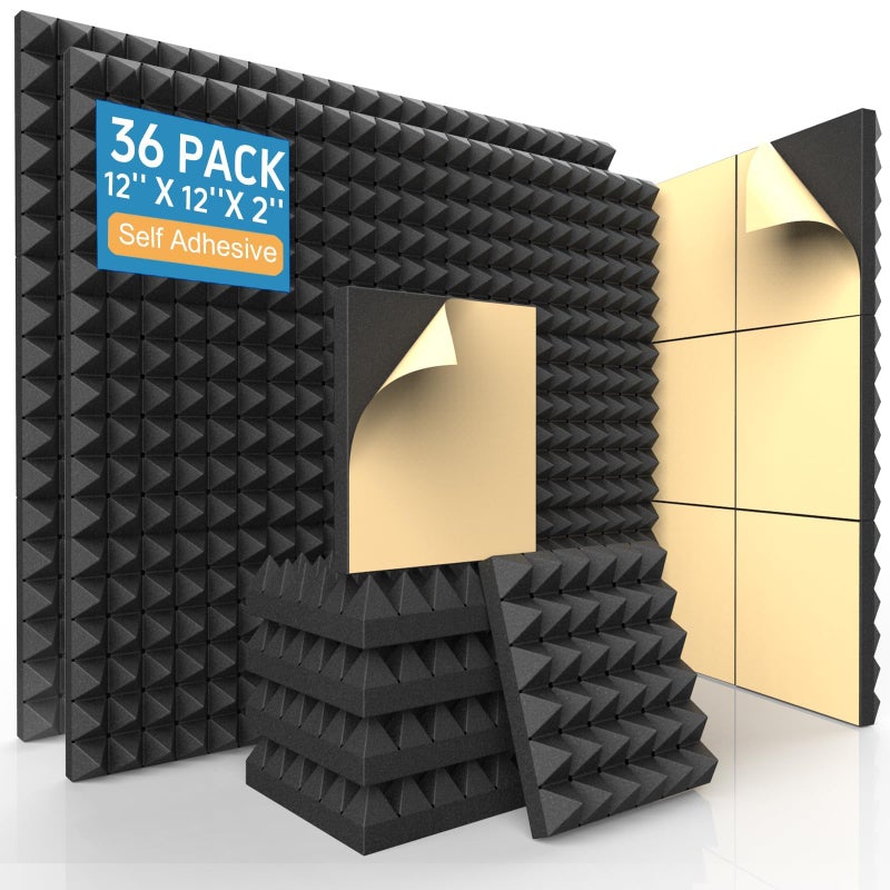 AUSLET 36 Pack SelfAdhesive Acoustic Foam Panels 12 x 12 x 2 Inches High Density Pyramid Sound Proof Foam Panels for Walls Fire Resistant Soundproof Wall Panels for Home Office Studio Black - Image 2