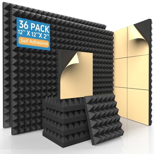 AUSLET 36 Pack SelfAdhesive Acoustic Foam Panels 12 x 12 x 2 Inches High Density Pyramid Sound Proof Foam Panels for Walls Fire Resistant Soundproof Wall Panels for Home Office Studio Black - Image 1