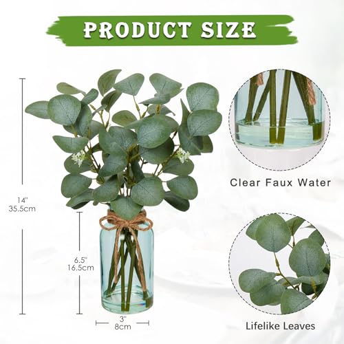 Briful Artificial Eucalyptus Stems in Blue Glass Vase with Faux Water 14 Fake Plant Eucalyptus Leaves for Home Farmhouse Wedding Centerpiece Bathroom Dcor - Image 3