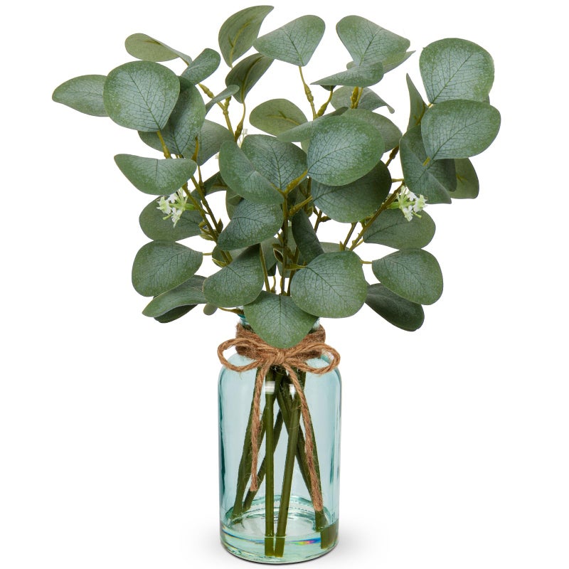 Briful Artificial Eucalyptus Stems in Blue Glass Vase with Faux Water 14 Fake Plant Eucalyptus Leaves for Home Farmhouse Wedding Centerpiece Bathroom Dcor - Image 2