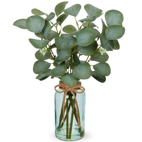 Briful Artificial Eucalyptus Stems in Blue Glass Vase with Faux Water 14 Fake Plant Eucalyptus Leaves for Home Farmhouse Wedding Centerpiece Bathroom Dcor - Image 1