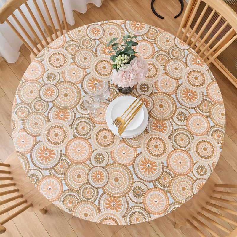 LIBERECOO Round Fitted Tablecloth with Elastic, Flannel Backed Vinyl Tablecloths for 45" - 56" Tables, Waterproof Wipeable Reusable Plastic Table Cloth for Indoor & Outdoor, Boho Sunburst Medallion - Image 1
