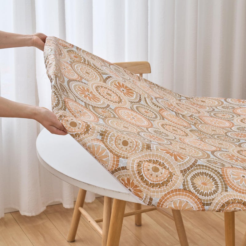 LIBERECOO Round Fitted Tablecloth with Elastic, Flannel Backed Vinyl Tablecloths for 45" - 56" Tables, Waterproof Wipeable Reusable Plastic Table Cloth for Indoor & Outdoor, Boho Sunburst Medallion - Image 2