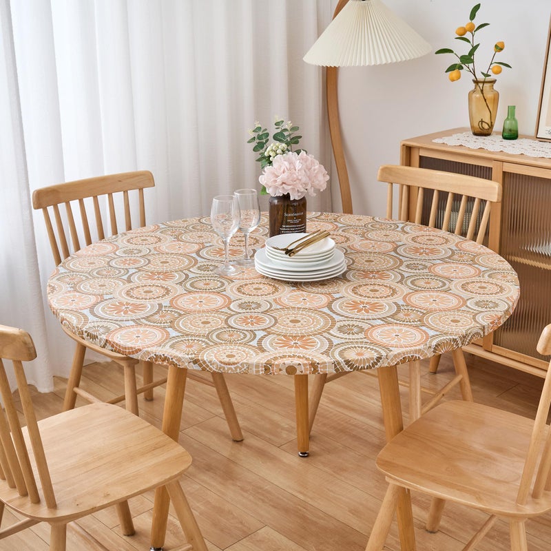 LIBERECOO Round Fitted Tablecloth with Elastic, Flannel Backed Vinyl Tablecloths for 45" - 56" Tables, Waterproof Wipeable Reusable Plastic Table Cloth for Indoor & Outdoor, Boho Sunburst Medallion - Image 5