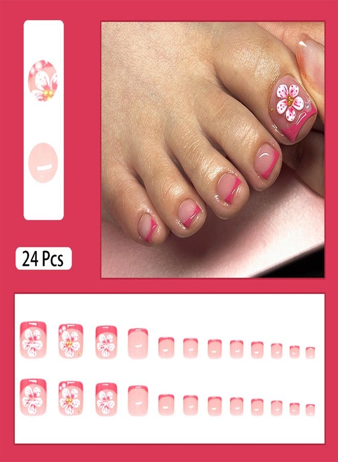 FDSQHSA 24pcs Red French Tip Press on Toenails Short Square Pink White Flower Fake Toe Nails Kit with Pearl Gold Beads Designs Summer Floral False Toenails Full Cover Toe Nail Tips Stick on Nails for Women - Image 3