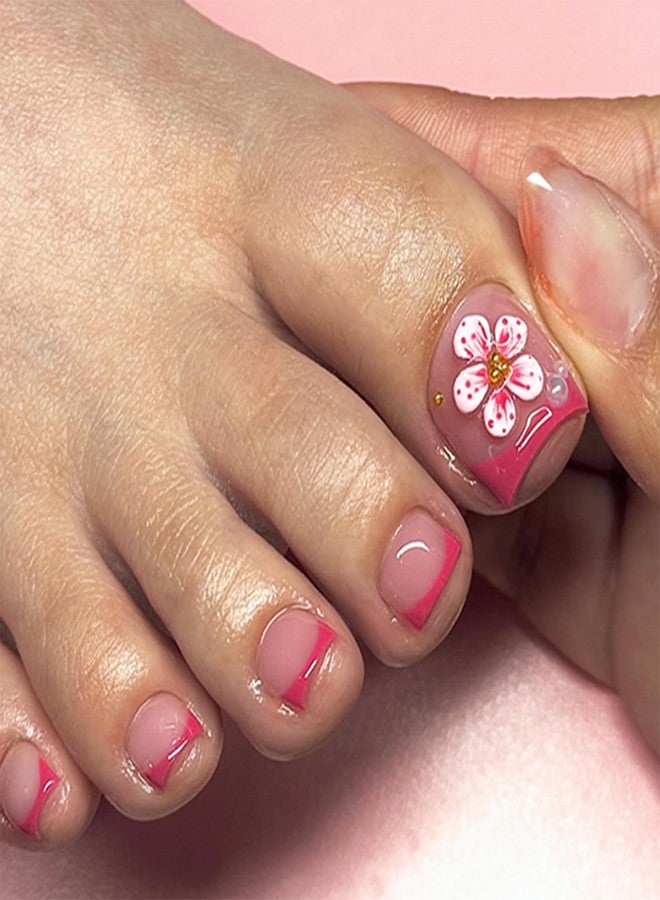 FDSQHSA 24pcs Red French Tip Press on Toenails Short Square Pink White Flower Fake Toe Nails Kit with Pearl Gold Beads Designs Summer Floral False Toenails Full Cover Toe Nail Tips Stick on Nails for Women - Image 1