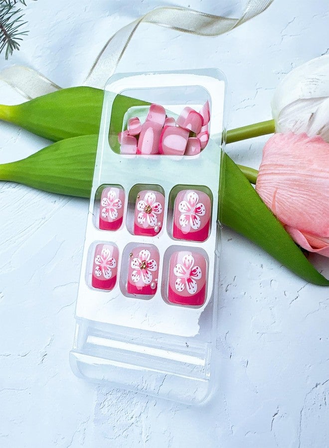 FDSQHSA 24pcs Red French Tip Press on Toenails Short Square Pink White Flower Fake Toe Nails Kit with Pearl Gold Beads Designs Summer Floral False Toenails Full Cover Toe Nail Tips Stick on Nails for Women - Image 4