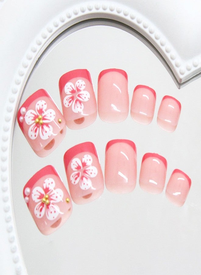 FDSQHSA 24pcs Red French Tip Press on Toenails Short Square Pink White Flower Fake Toe Nails Kit with Pearl Gold Beads Designs Summer Floral False Toenails Full Cover Toe Nail Tips Stick on Nails for Women - Image 5