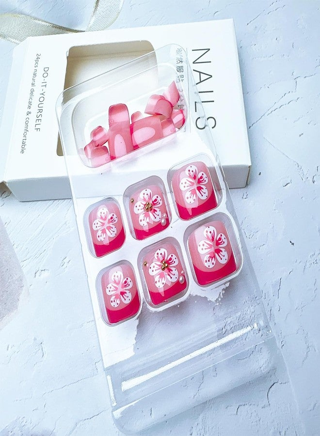FDSQHSA 24pcs Red French Tip Press on Toenails Short Square Pink White Flower Fake Toe Nails Kit with Pearl Gold Beads Designs Summer Floral False Toenails Full Cover Toe Nail Tips Stick on Nails for Women - Image 2