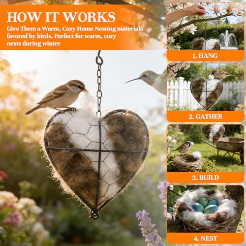 Lucift Handmade Alpaca Fiber Bird Nesting Heart, Birds Nests Material Holder, Winter Tree Shelter for Wild Bird, Hummingbird Houses Nest Boxes Gifts for Outside Garden Art Birdhouse, Birds Lovers - Image 3
