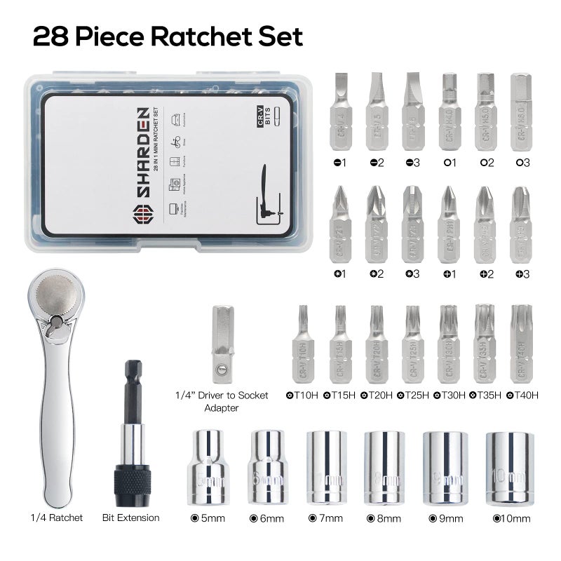 Sharden 1/4 Mini Ratchet Set 28Pcs Right Angle Screwdriver And Bit With Metric Socket Set 72 Tooth Small Ratcheting Wrench Offset Screwdriver Low Profile Stubby Ratchet For Tight Spaces - Image 4