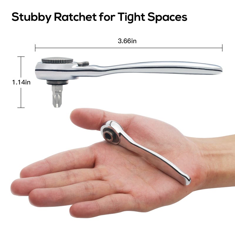 Sharden 1/4 Mini Ratchet Set 28Pcs Right Angle Screwdriver And Bit With Metric Socket Set 72 Tooth Small Ratcheting Wrench Offset Screwdriver Low Profile Stubby Ratchet For Tight Spaces - Image 2
