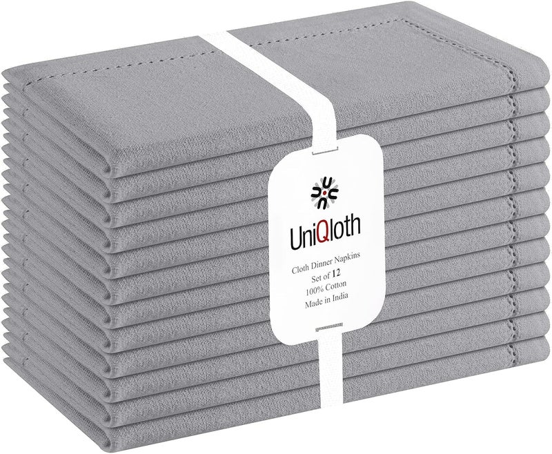 UniQloth Set of 12 Hemstitch Cloth Dinner Napkins Cotton  Soft Durable Washable Reusable  Ideal for Farmhouse Parties Weddings Holidays Hotel Restaurant Daily Use Table Dinner Napkins 18x18 Grey - Image 1
