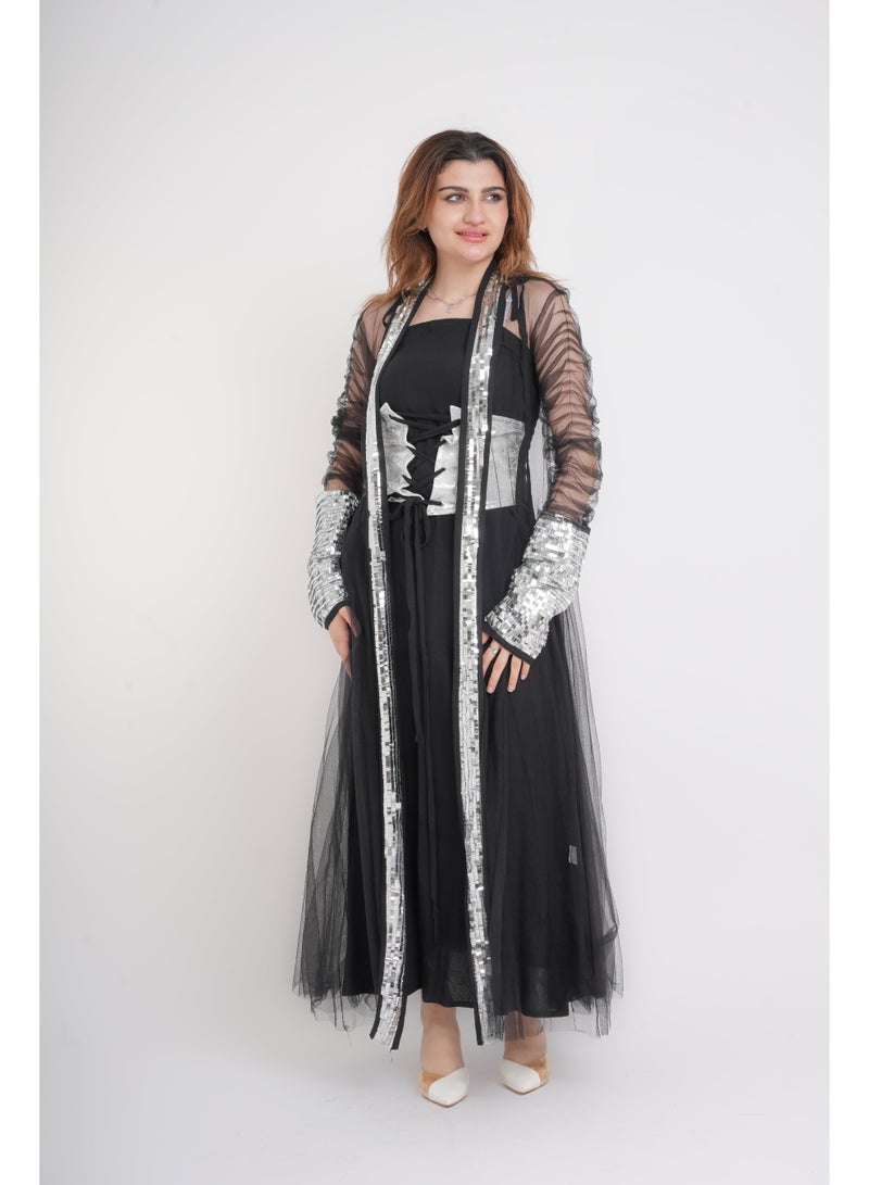 IKKXA Silver Glamour Sheer Sleeve Jalabiya IK1041 Black - Image 3