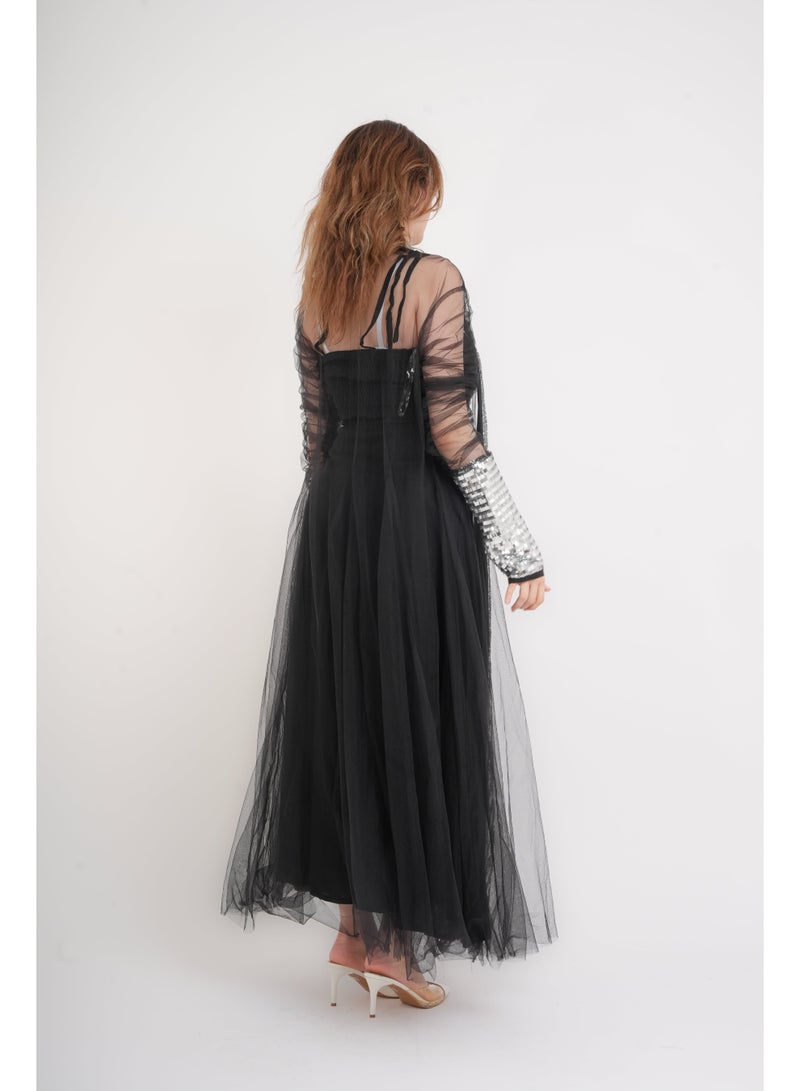 IKKXA Silver Glamour Sheer Sleeve Jalabiya IK1041 Black - Image 4