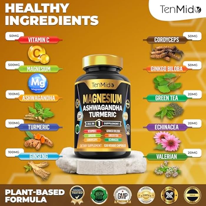 Tenmido Magnesium Supplement -120 Capsules for 2 Months Supply - with Vitamin C, Ashwagandha, Turmeric, Panax Ginseng & More - Image 3