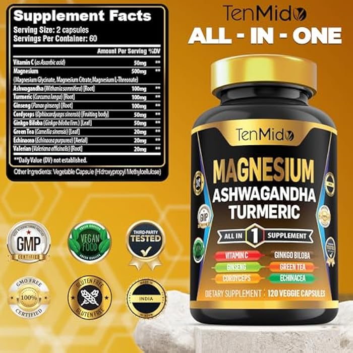 Tenmido Magnesium Supplement -120 Capsules for 2 Months Supply - with Vitamin C, Ashwagandha, Turmeric, Panax Ginseng & More - Image 2