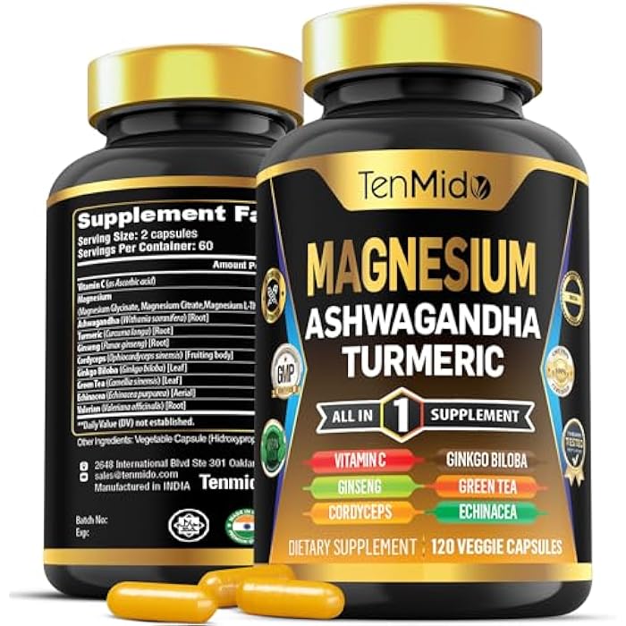 Tenmido Magnesium Supplement -120 Capsules for 2 Months Supply - with Vitamin C, Ashwagandha, Turmeric, Panax Ginseng & More - Image 1
