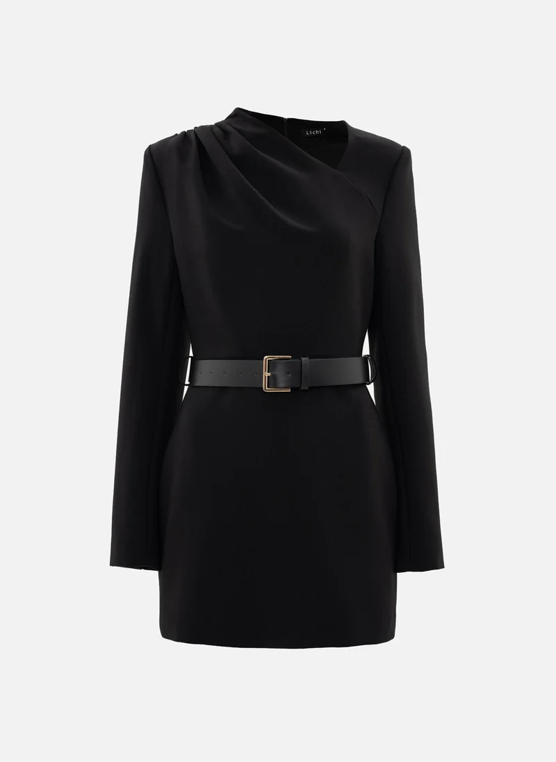 Lichi  Mini dress with asymmetric bodice and eco leather belt for Women | Best Price UAE