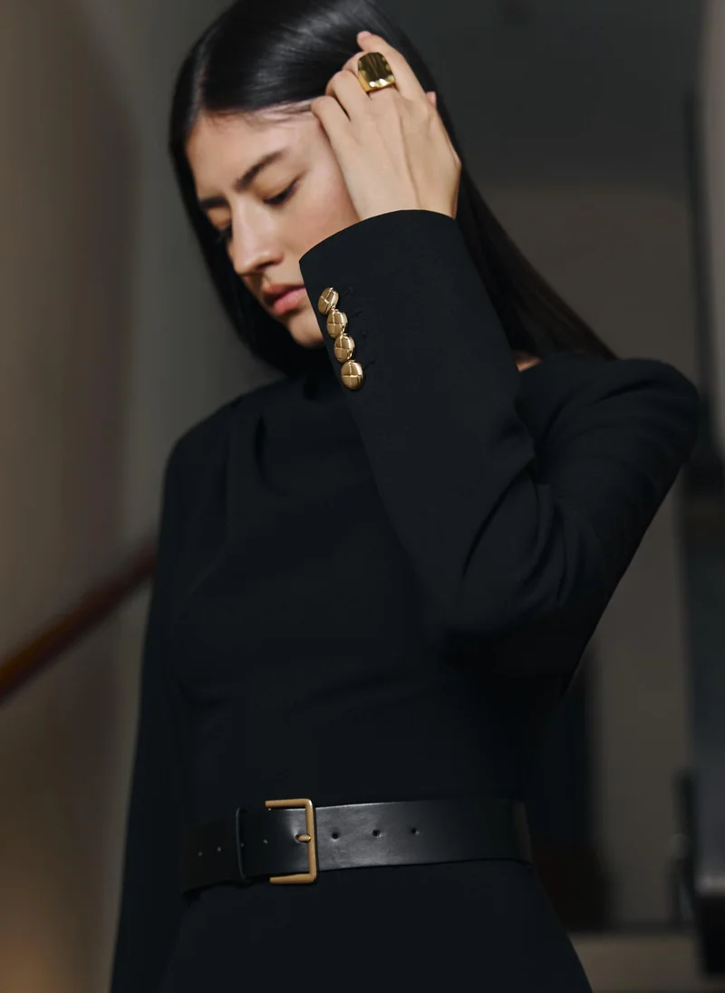 Lichi  Mini dress with asymmetric bodice and eco leather belt for Women | Best Price UAE