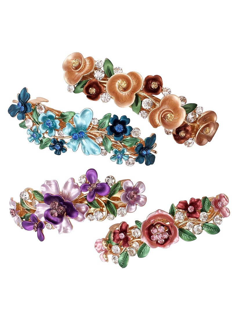 Lizzie Kay 4 Colorful Vintage Decorative Flower Design Metal Gold Tone French Barrettes Hair Clasps Accessories Women Girls 