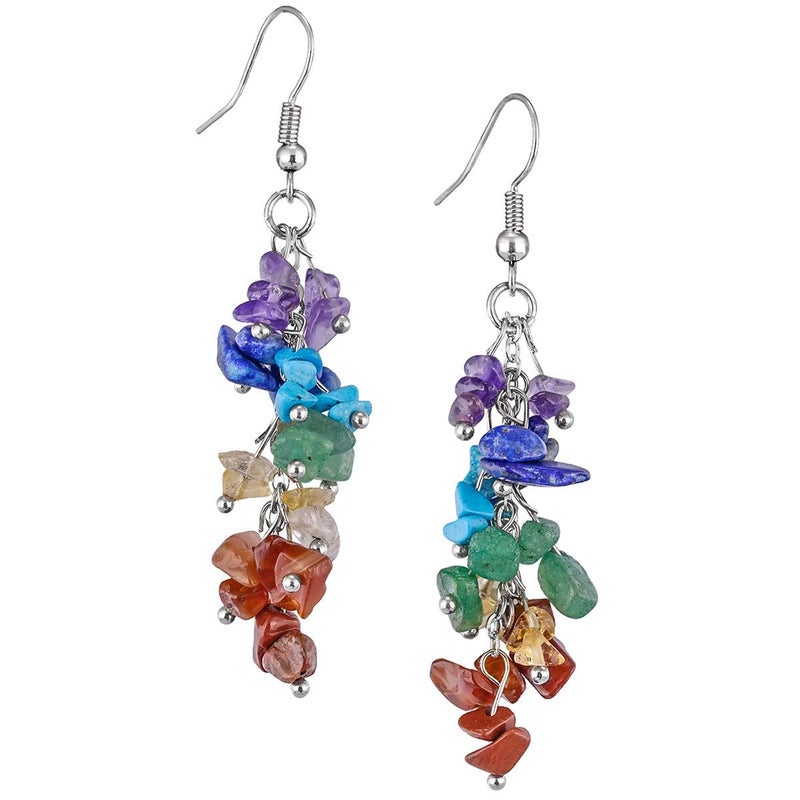 Nupuyai Natural Tumbled Chips Stone Healing Crystal Dangle Hook Earrings for Women, 7 Chakra Stone - Image 1