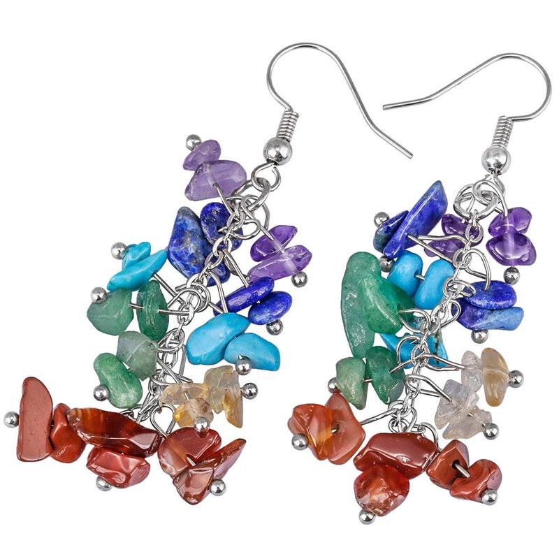 Nupuyai Natural Tumbled Chips Stone Healing Crystal Dangle Hook Earrings for Women, 7 Chakra Stone - Image 2