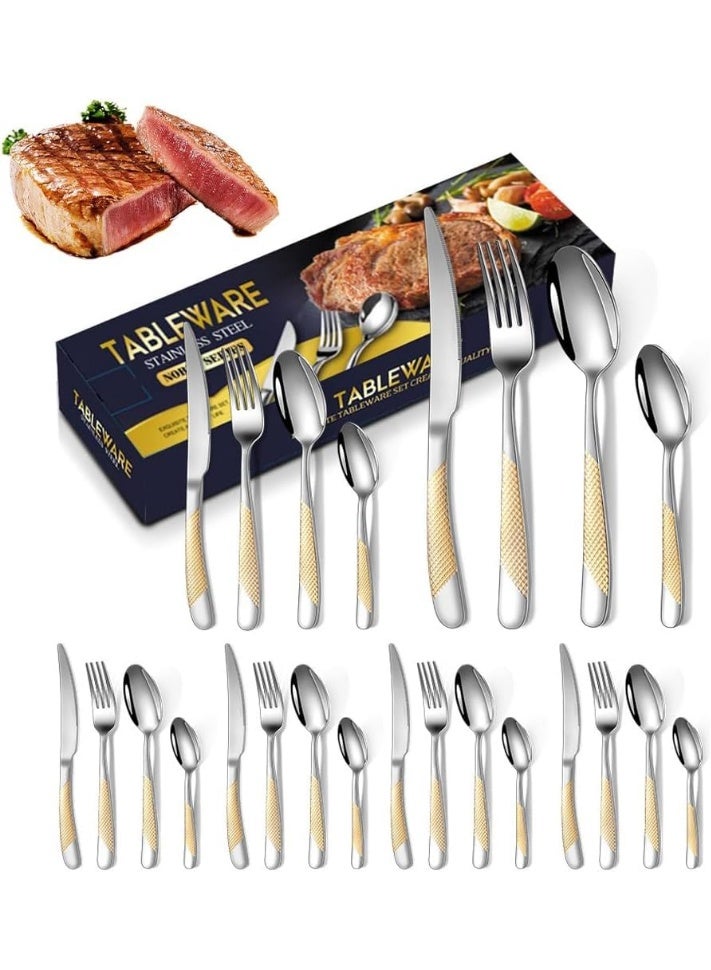 عربست طقم أدوات مائدة مكون من 24 قطعة، طقم أدوات طعام من الفولاذ المقاوم للصدأ لـ 6 أشخاص، أدوات مطبخ أساسية، سكاكين وشوك وملاعق مصقولة بلمسة نهائية لامعة، قابلة للغسل في غسالة الصحون، مثالية للاستخدام اليومي والضيافة. - Image 1
