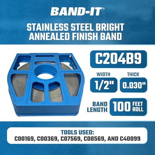 BAND-IT C204B9 201 Stainless Steel Bright Annealed Finish Band, 1/2" Width X 0.030" Thick, 100 Feet Roll in Blue Tote - Image 2