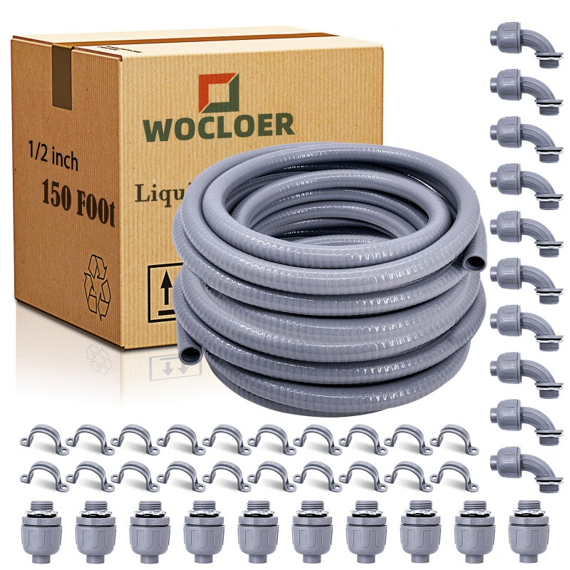 Wocloer 12 inch 150 Foot LiquidTight Conduit and Connector Kit Flexible Non Metallic Electrical Conduit With 10 Straight and 10 Angle Fittings and Pipe Strap
