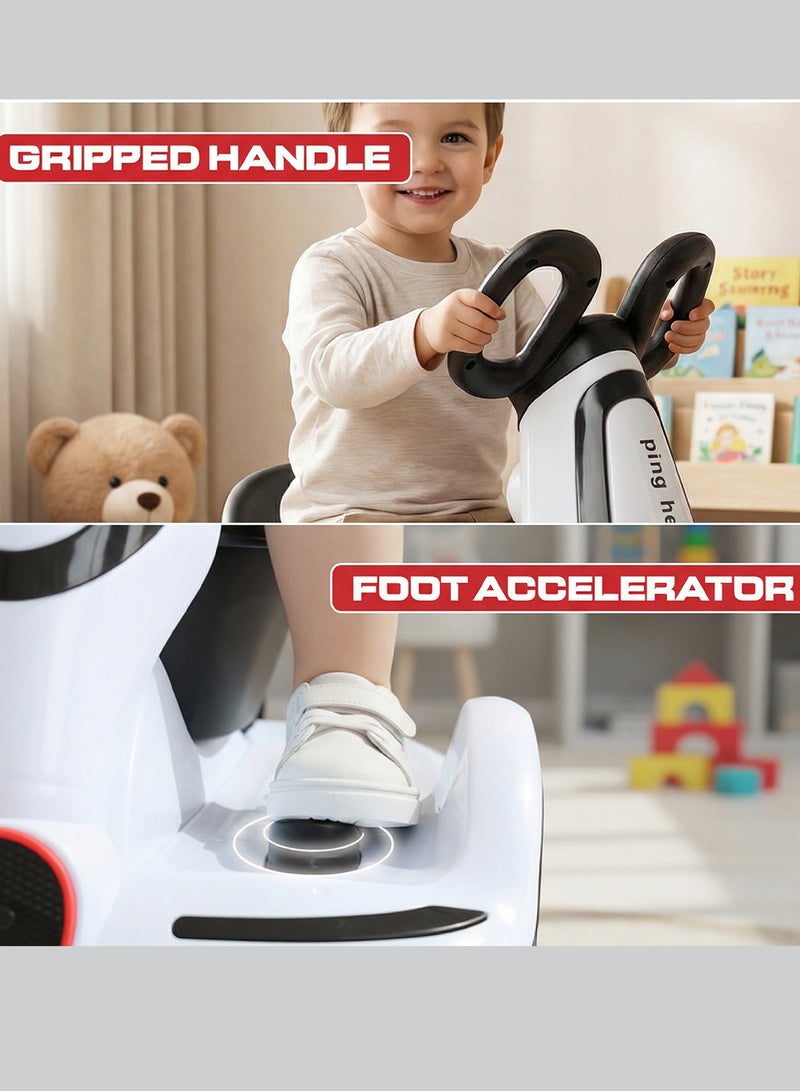 بيبي سكوتر كهربائي رباعي العجلات للأطفال، سيارة كهربائية قابلة للركوب مع دوران 360 درجة، موسيقى وإضاءة LED، | سيارة أطفال تعمل بالبطارية | سيارة كهربائية للأطفال من عمر سنتين فما فوق، أبيض - Image 3