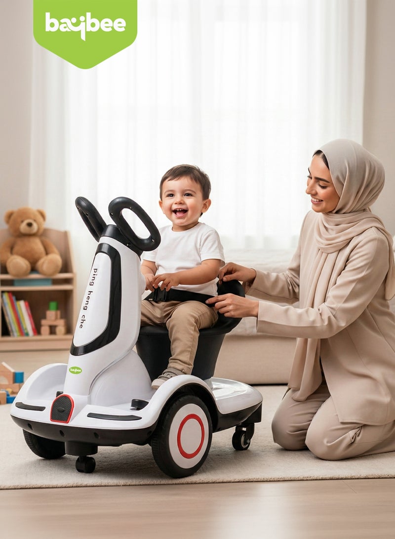 بيبي سكوتر كهربائي رباعي العجلات للأطفال، سيارة كهربائية قابلة للركوب مع دوران 360 درجة، موسيقى وإضاءة LED، | سيارة أطفال تعمل بالبطارية | سيارة كهربائية للأطفال من عمر سنتين فما فوق، أبيض - Image 2