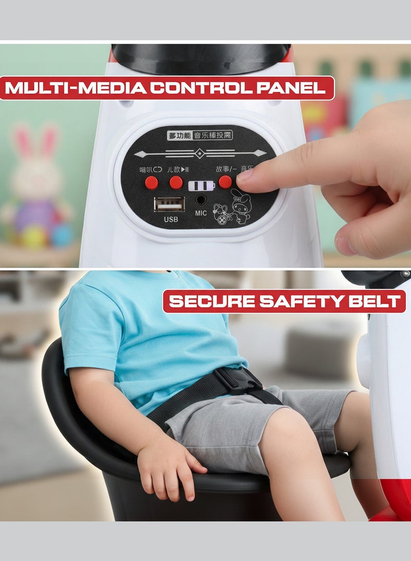 بيبي سكوتر كهربائي رباعي العجلات للأطفال، سيارة كهربائية قابلة للركوب مع دوران 360 درجة، موسيقى وإضاءة LED، | سيارة أطفال تعمل بالبطارية | سيارة كهربائية للأطفال من عمر سنتين فما فوق، أبيض - Image 4