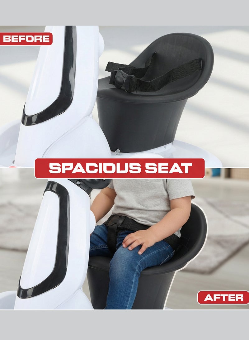 بيبي سكوتر كهربائي رباعي العجلات للأطفال، سيارة كهربائية قابلة للركوب مع دوران 360 درجة، موسيقى وإضاءة LED، | سيارة أطفال تعمل بالبطارية | سيارة كهربائية للأطفال من عمر سنتين فما فوق، أبيض - Image 5