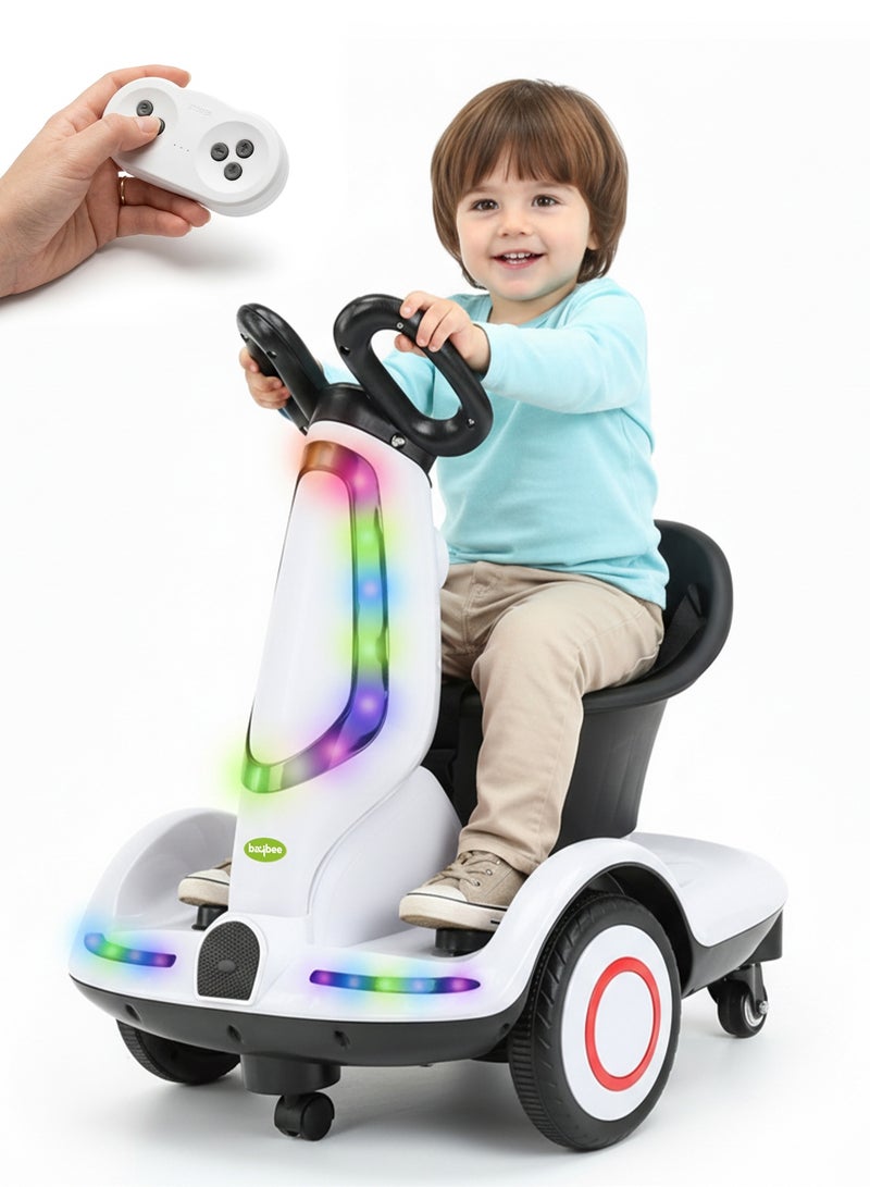 بيبي سكوتر كهربائي رباعي العجلات للأطفال، سيارة كهربائية قابلة للركوب مع دوران 360 درجة، موسيقى وإضاءة LED، | سيارة أطفال تعمل بالبطارية | سيارة كهربائية للأطفال من عمر سنتين فما فوق، أبيض - Image 1