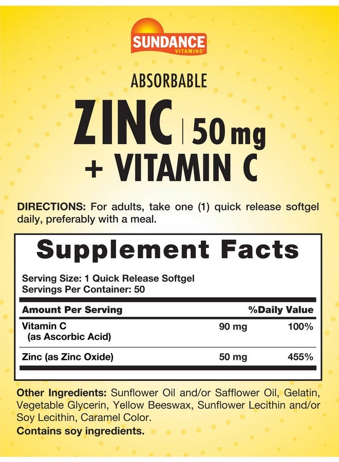 Sundance Absorbable Zinc with Vitamin C | 50mg | 50 Softgels | Essential Nutrients | Non-GMO and Gluten Free Supplement - Image 2
