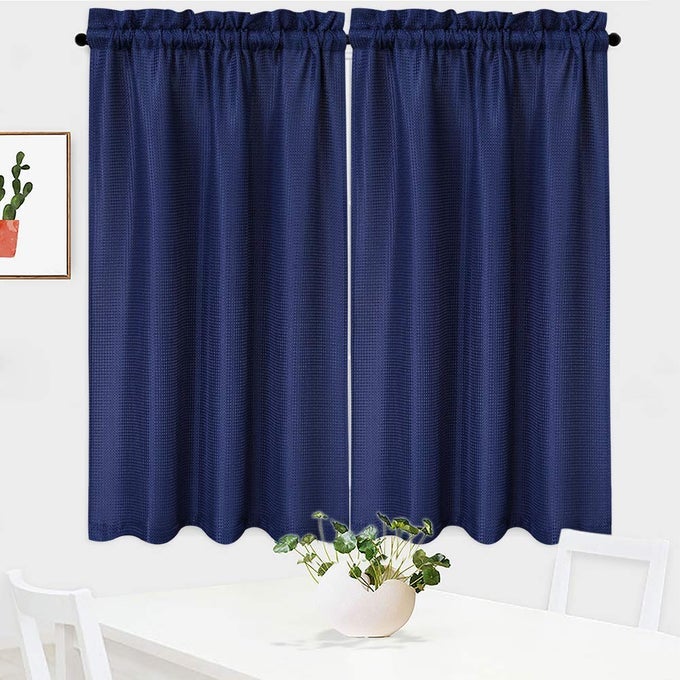 TIER CURTAINSWAFFLE WEAVE TEXTURED TAILORED SHORT CURTAINS FOR BATHROOM WATERPROOF WINDOW COVERING KITCHEN CAFE CURTAINS 30 X 45 NAVY BLUE SET OF 2