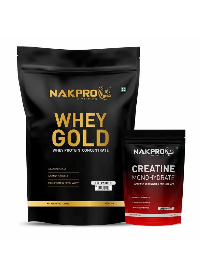Nakpro Gold 100% Whey Protein Concentrate, 1 Kg Unflavoured with 100g Creatine - Unflavoured | Easy Mixing, Low Carbs, Easy Digesting Whey Protein Supplement Powder (Combo Pack) - Image 1