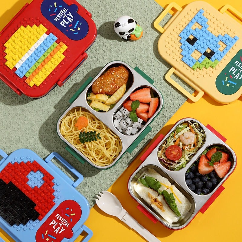 304 Stainless Steel Lunch Box for Office Workers and Children DIY Building Block Lunch Box Portable Fruit Bento Box with Cutlery Spoon Set - Image 4