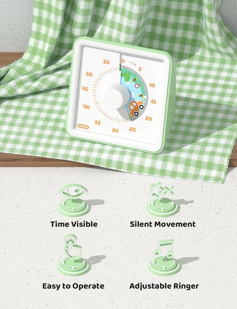 LIORQUE Visual Timer, 60 Minute Countdown Kids Timer, Pomodoro Timer, Time Management Tool for Children and Adults (Light Green) - Image 4