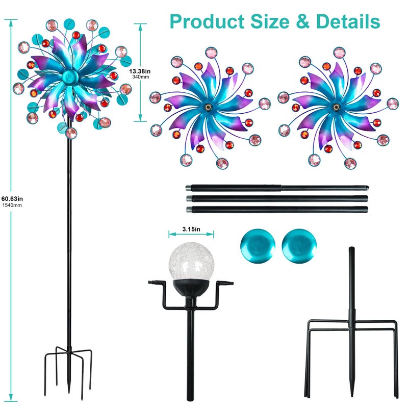 MXwcy 360Â°Solar Wind Spinner with Lights Blue Metal Garden Outdoor Decor Yard Lawn Art Decor for Patio Kinetic Windmills Unique Gifts for Friends and Family 60.63'' H x 13.38'' Dia - Image 4