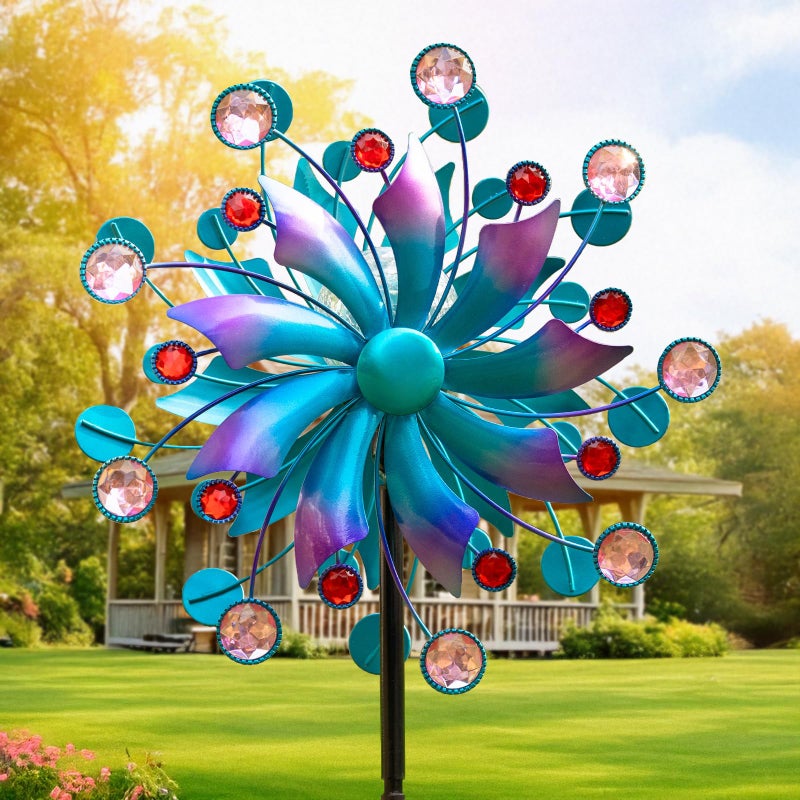 MXwcy 360Â°Solar Wind Spinner with Lights Blue Metal Garden Outdoor Decor Yard Lawn Art Decor for Patio Kinetic Windmills Unique Gifts for Friends and Family 60.63'' H x 13.38'' Dia - Image 1