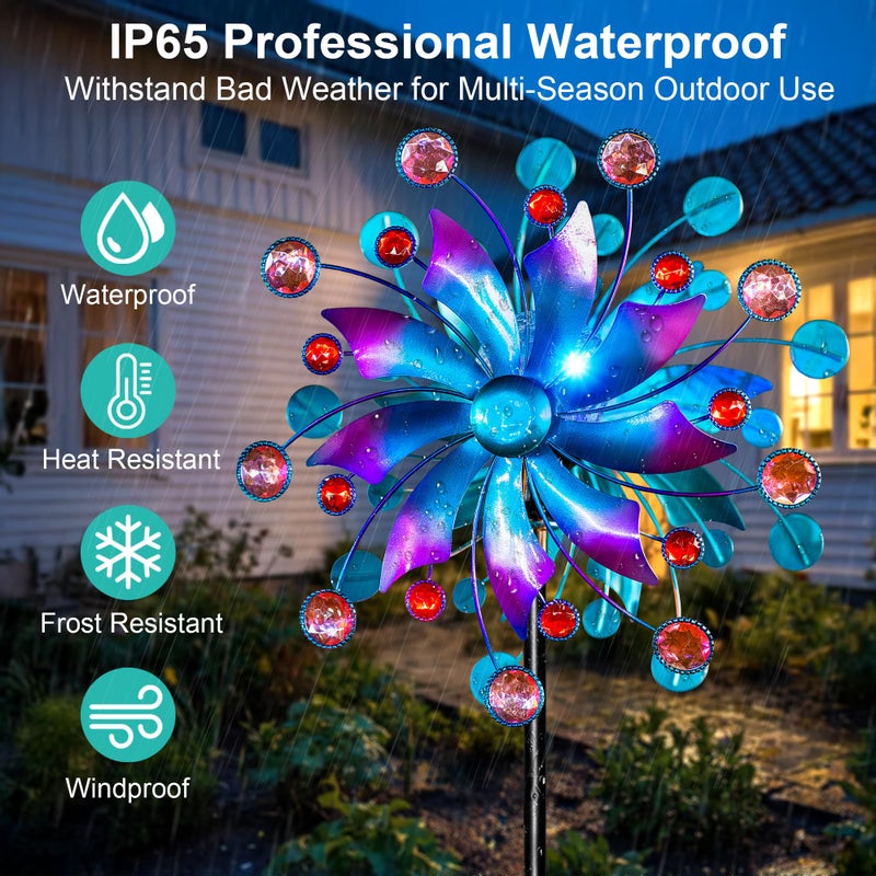 MXwcy 360Â°Solar Wind Spinner with Lights Blue Metal Garden Outdoor Decor Yard Lawn Art Decor for Patio Kinetic Windmills Unique Gifts for Friends and Family 60.63'' H x 13.38'' Dia - Image 3