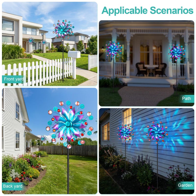 MXwcy 360Â°Solar Wind Spinner with Lights Blue Metal Garden Outdoor Decor Yard Lawn Art Decor for Patio Kinetic Windmills Unique Gifts for Friends and Family 60.63'' H x 13.38'' Dia - Image 5
