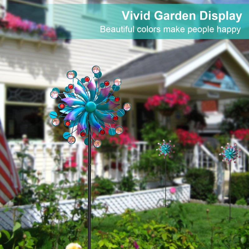 MXwcy 360Â°Solar Wind Spinner with Lights Blue Metal Garden Outdoor Decor Yard Lawn Art Decor for Patio Kinetic Windmills Unique Gifts for Friends and Family 60.63'' H x 13.38'' Dia - Image 2