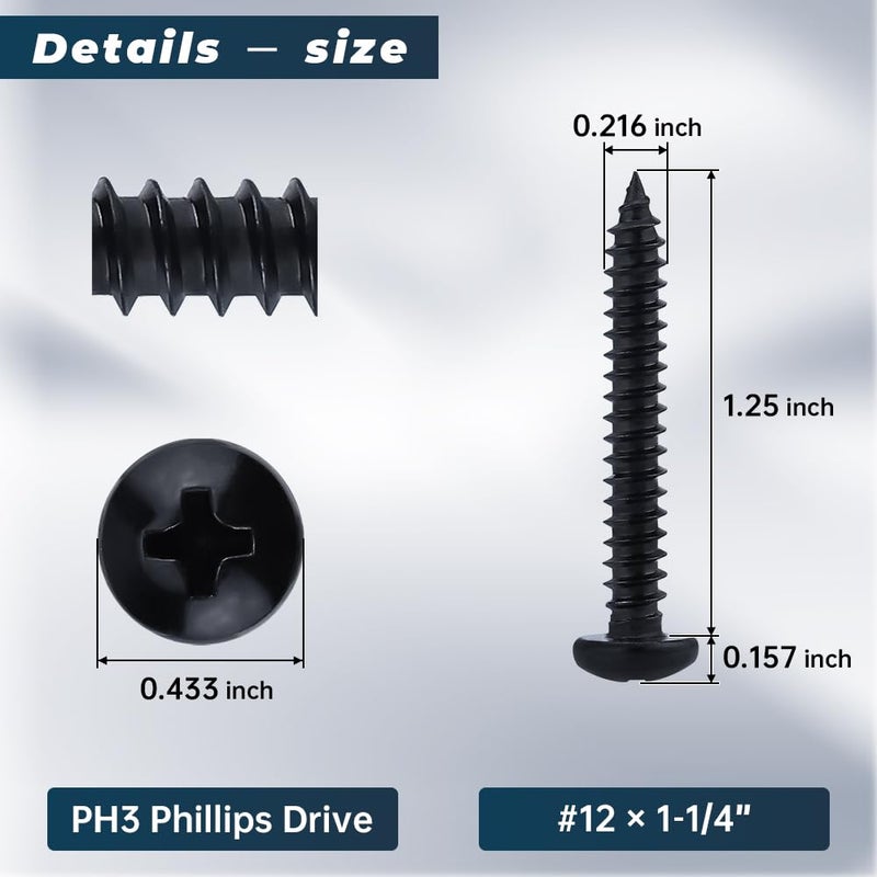 Glvaner #12 x 1-1/4 inch Phillips Pan Head Self Tapping Screws for Wood, Black Coated, 304 Stainless Steel 18-8, Round Head Sheet Metal Tek Screws, 40 pcs - Image 3