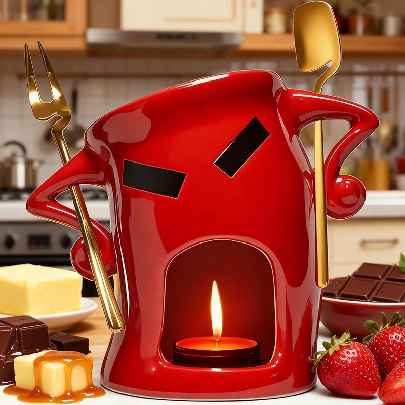 Thavgaf Ceramic Fondue Cup Set w/Built-In Fork & Spoon - Mini Chocolate/Cheese Fondue Mug | Microwave & Dishwasher Safe | Compact Gift-Ready (Red) - Image 1