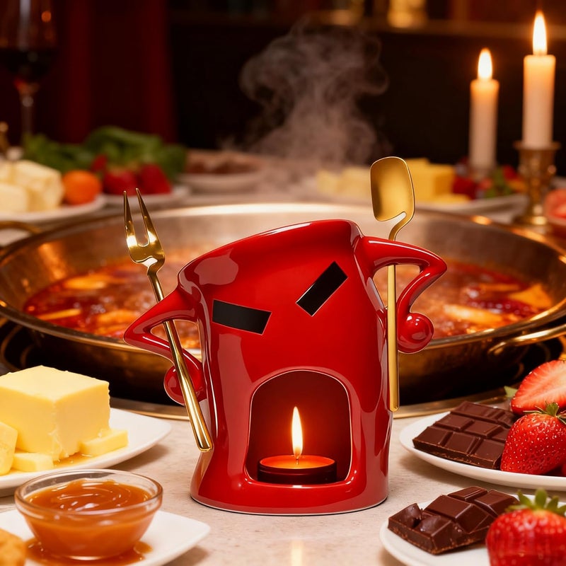 Thavgaf Ceramic Fondue Cup Set w/Built-In Fork & Spoon - Mini Chocolate/Cheese Fondue Mug | Microwave & Dishwasher Safe | Compact Gift-Ready (Red) - Image 5